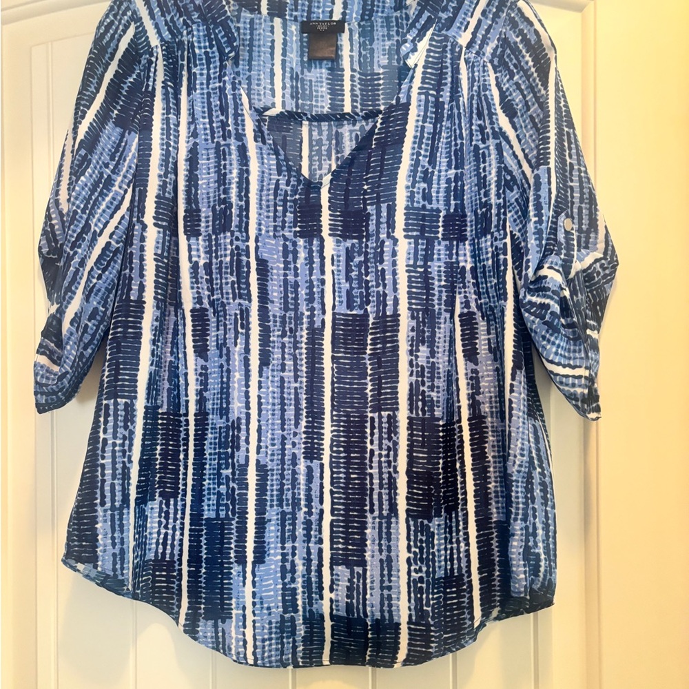 Ann Taylor Navy and White Striped Blouse